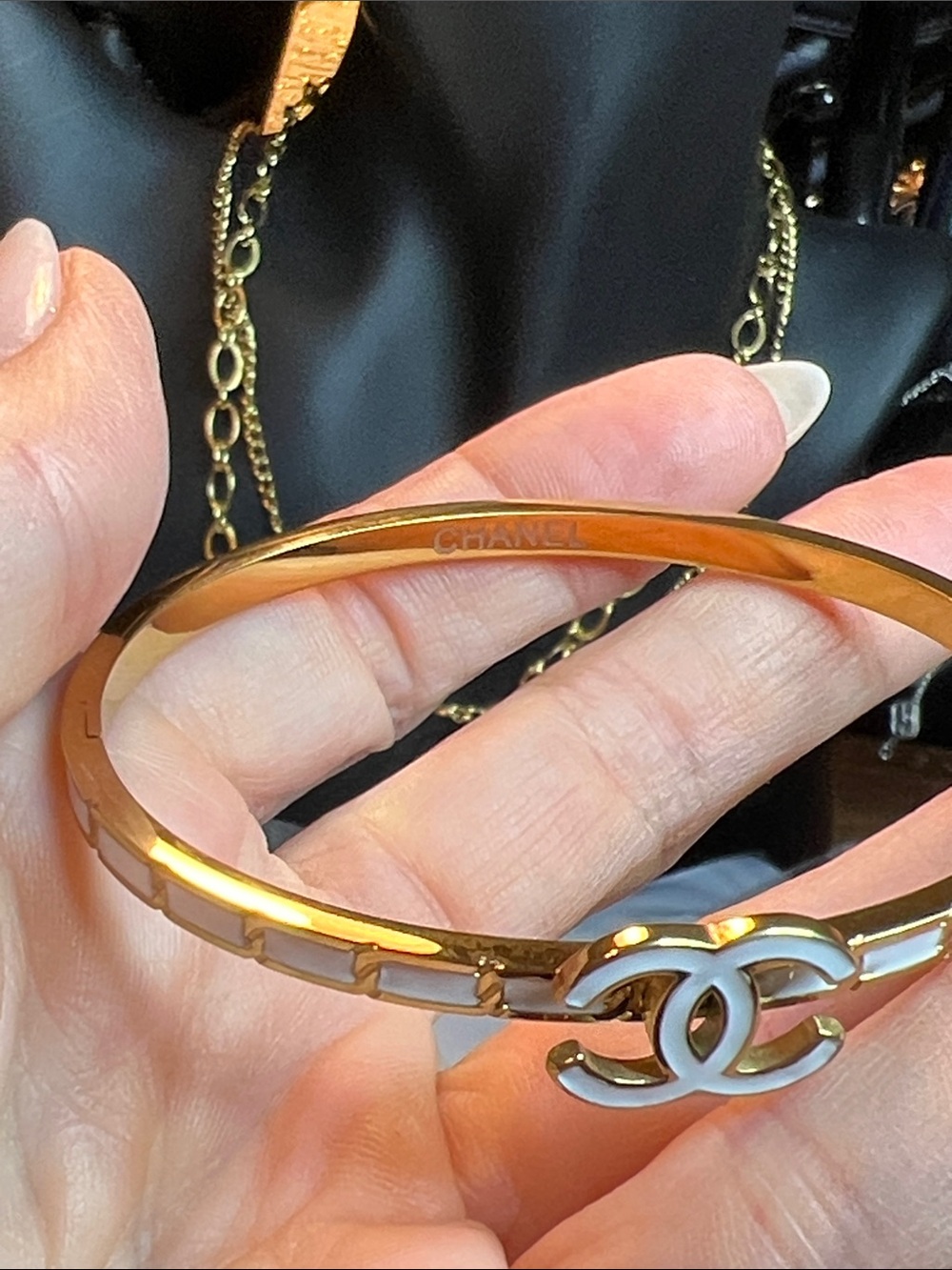 Gold-Tone Bracelet with White Enamel CC Logo - Picture 5 of 8